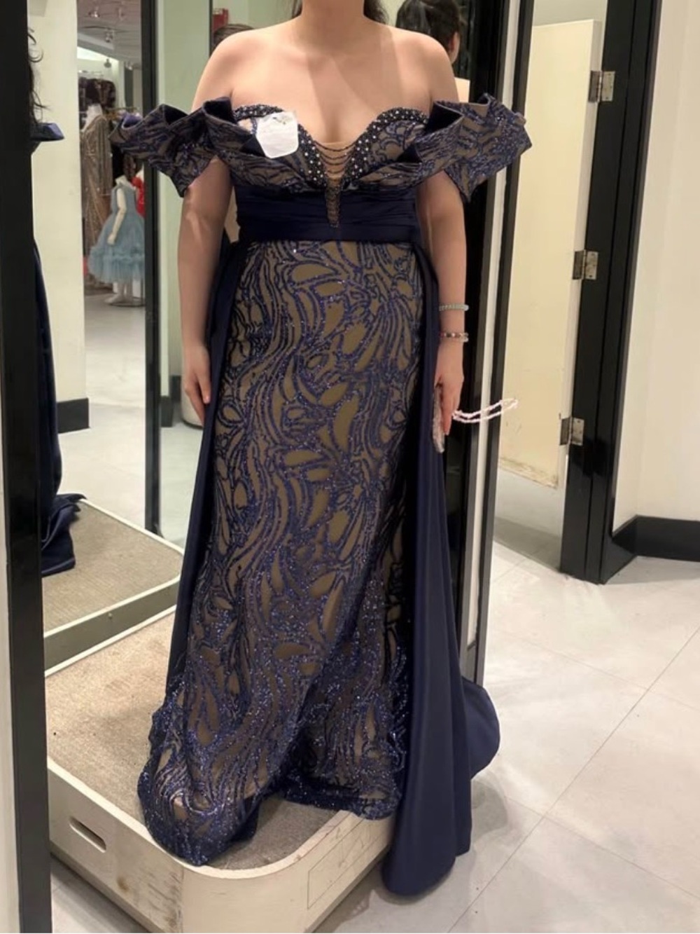Off-Shoulder Navy Beaded Evening Gown